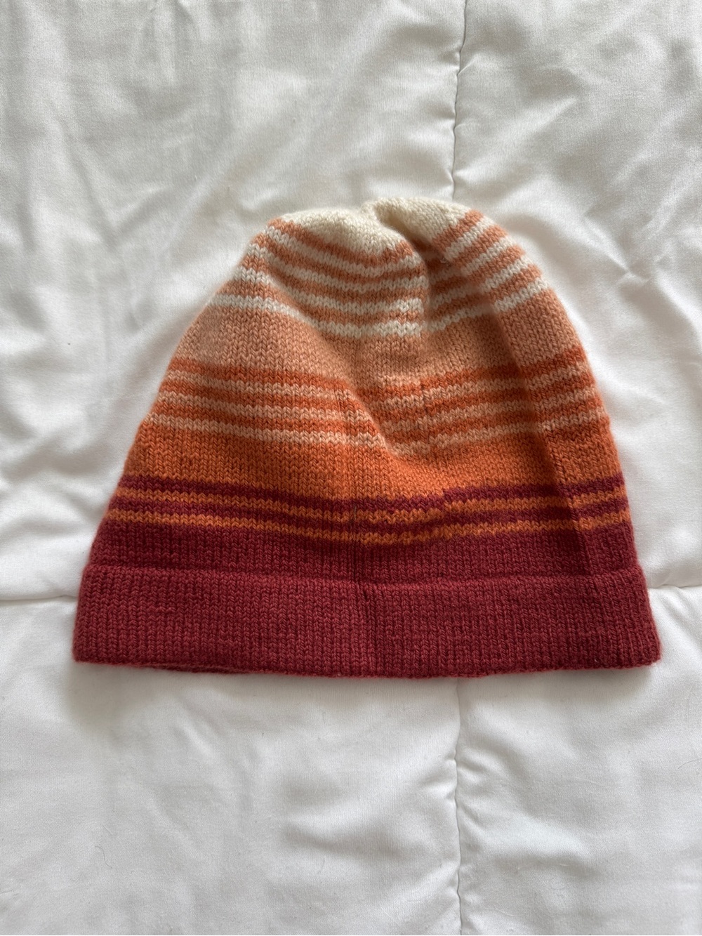 Handmade Striped Knit Beanie in Cream, Peach, Orange & Rust